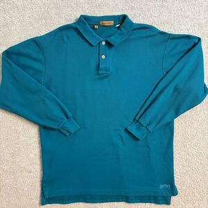 Vintage‎ RUFF Classic Teal Long Sleeve  Polo Shirt Casual Cotton Golf Tennis M